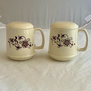 Vintage Stoneware Cream Brown Floral Salt & Pepper Shaker Set w/Floral Design